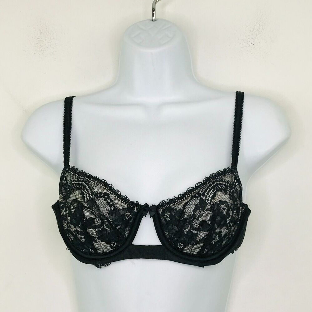 Victoria's Secret 34B Bra Black Beige Lace Unpadded Very Sexy Balconet BV28